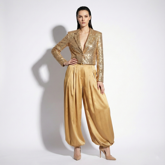 Custom 2 Piece Sequin Blazer & Satin Palazzo Set
