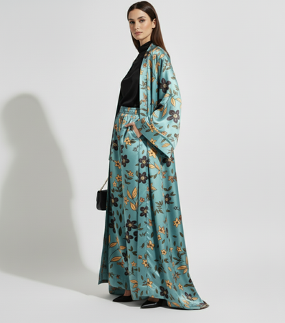 Floral Silk Charmeuse Kimono Duster & Wide Leg Pant Set