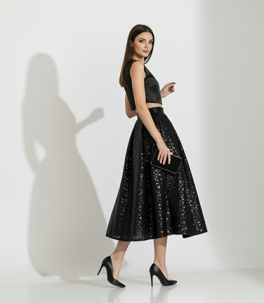 Black Sequin Midi Skirt Set