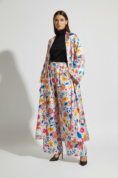 Luxury Floral Silk Charmeuse Kimono & Wide Leg Pant Set
