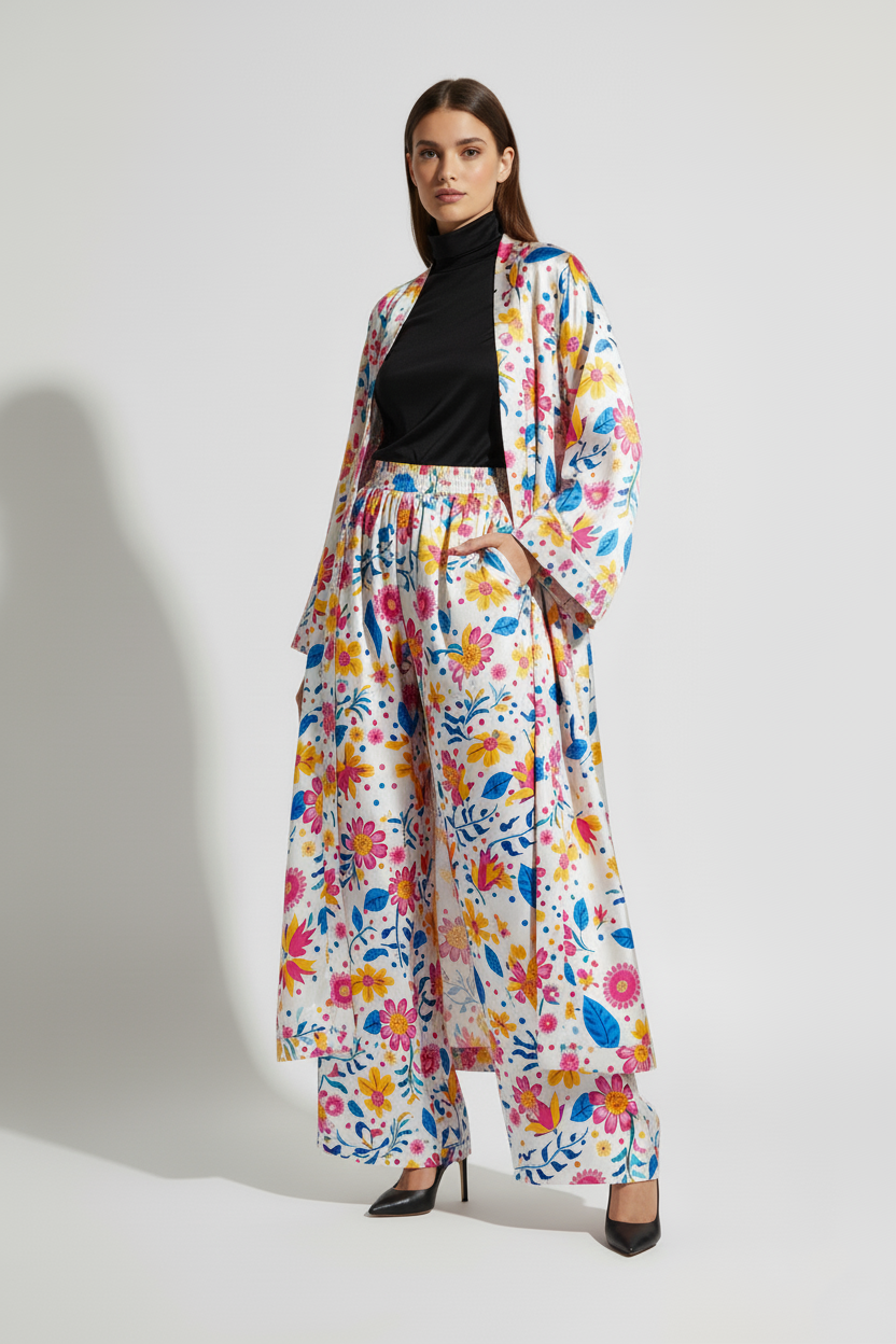 Luxury Floral Silk Charmeuse Kimono & Wide Leg Pant Set