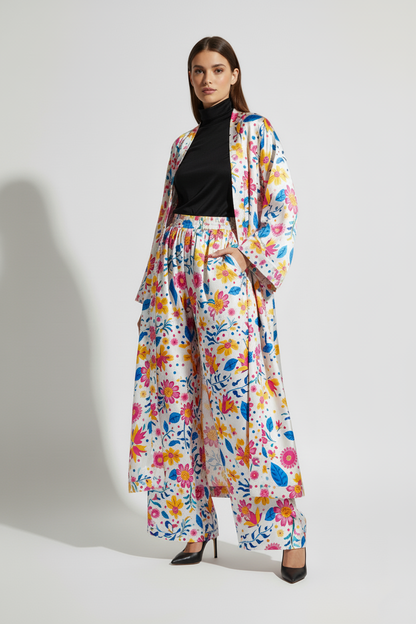 Luxury Floral Silk Charmeuse Kimono & Wide Leg Pant Set