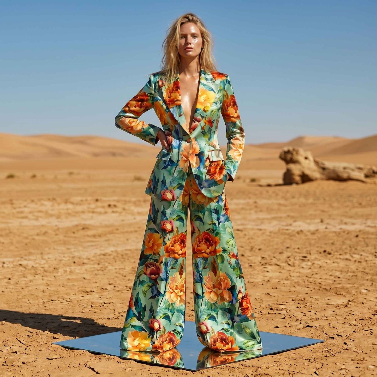 Floral Satin Wide-Leg Power Suit