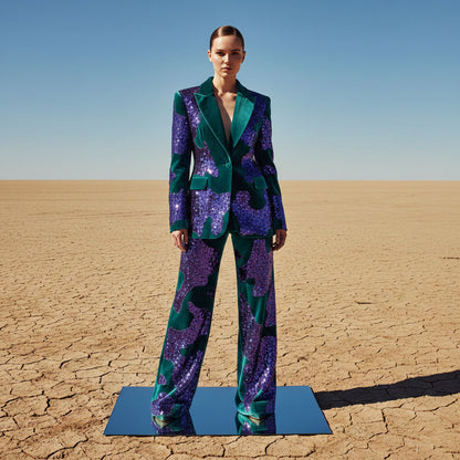 Sequin Applique Velvet Suit Women, 2 Piece Purple & Teal Blazer Set