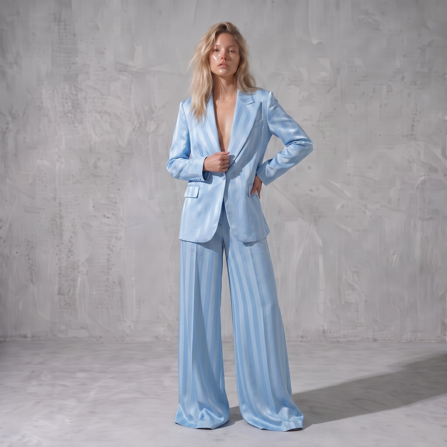 Sky Blue Brocade Satin Stripe Suit Set