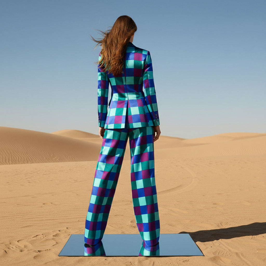 Checkered Satin Wide-Leg Pant Suit
