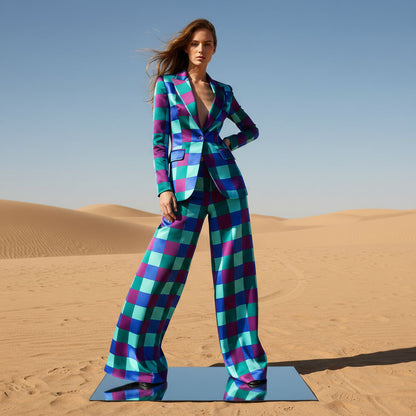 Checkered Satin Wide-Leg Pant Suit