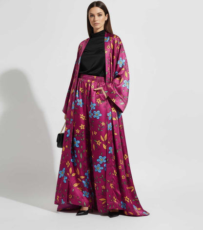 Floral Charmeuse Kimono & Wide Leg Pant Set