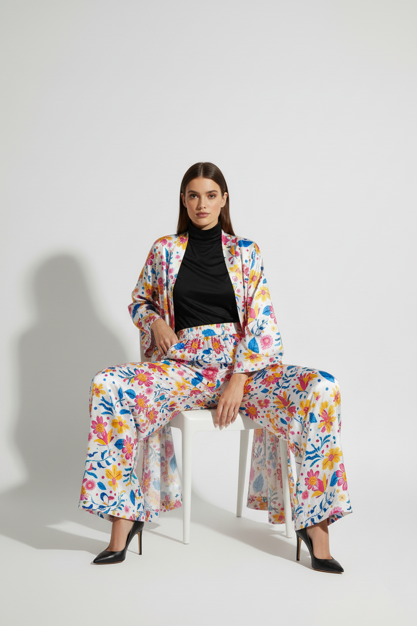 Luxury Floral Silk Charmeuse Kimono & Wide Leg Pant Set