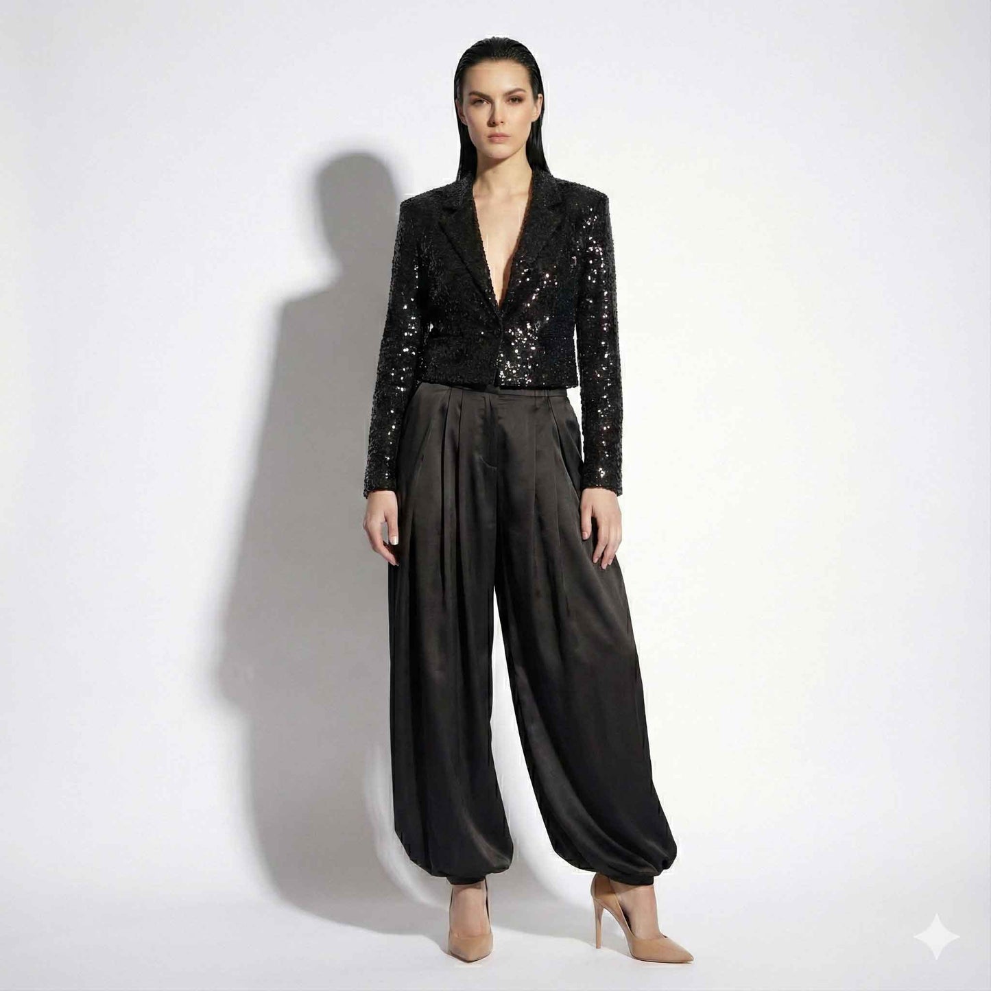 Custom 2 Piece Sequin Blazer & Satin Palazzo Set