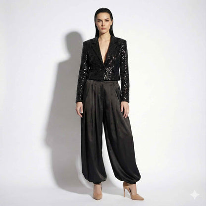Custom 2 Piece Sequin Blazer & Satin Palazzo Set