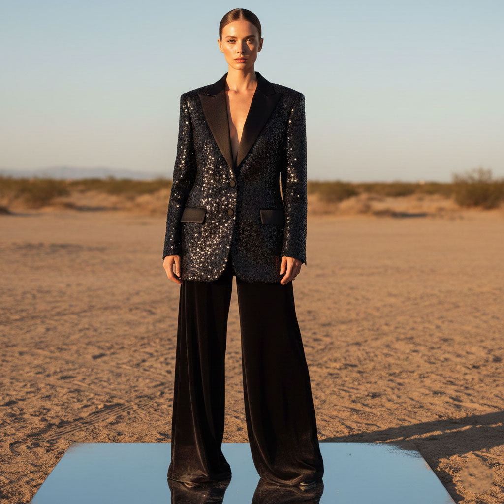 Women’s Sequin Blazer & Velvet Wide-Leg Pant Set