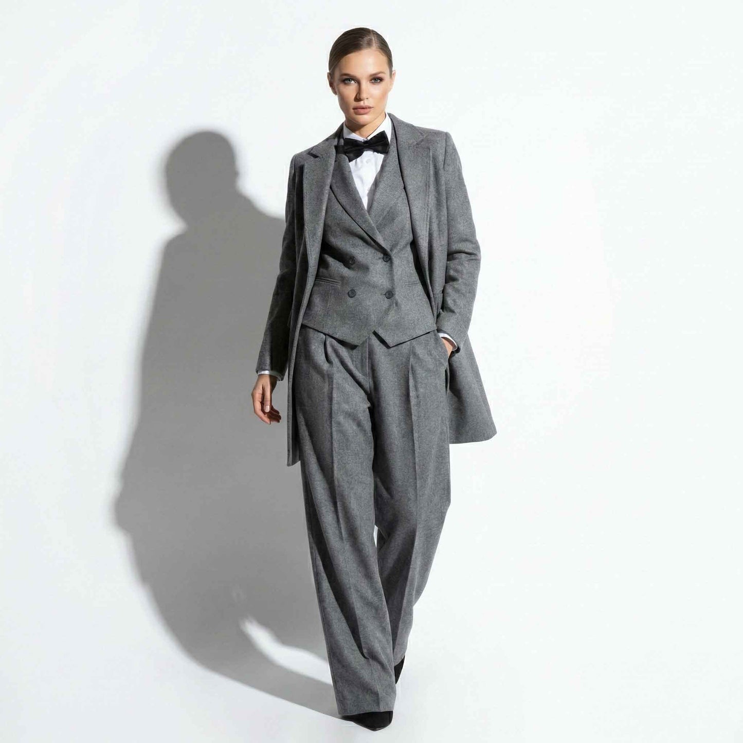Women's Grey Custom Tailored Wool Blend Suit 3 Piece Set