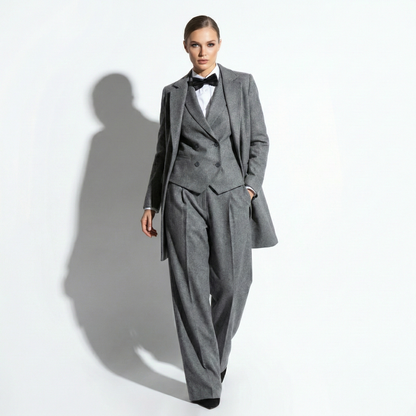 Women's Grey Custom Tailored Wool Blend Suit 3 Piece Set