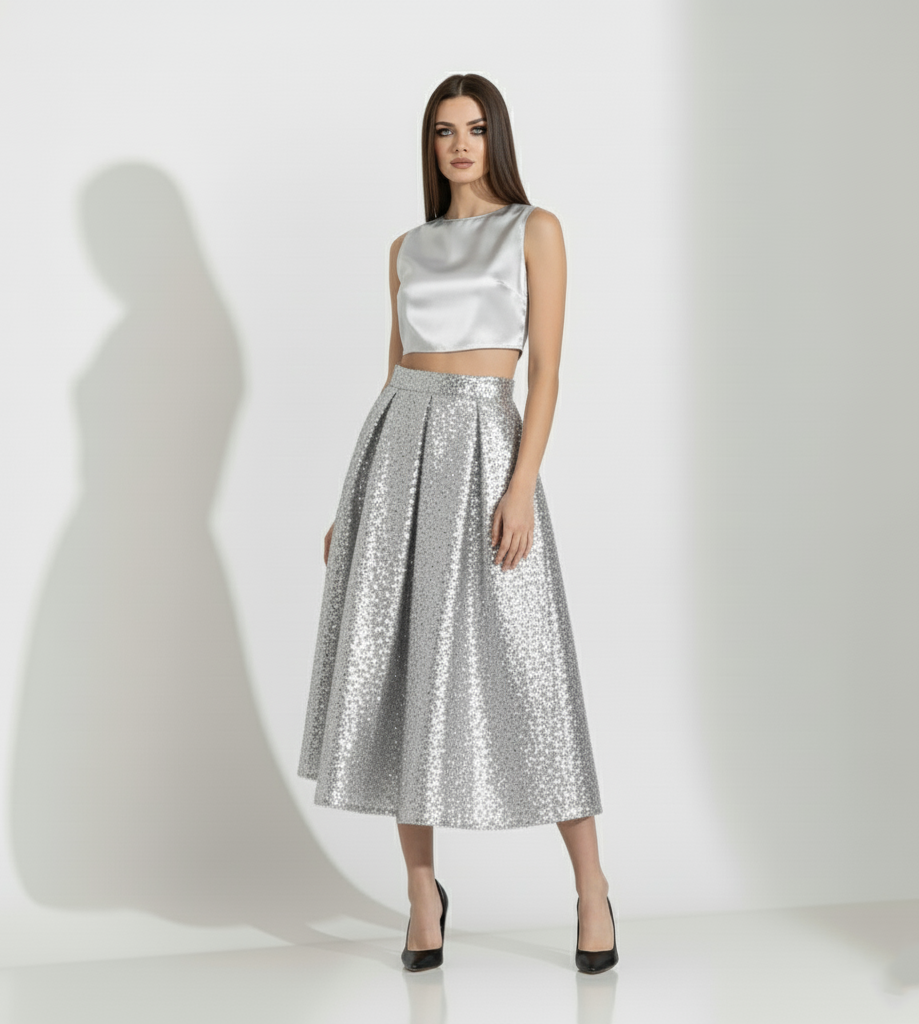 Silver Sequin Midi Skirt Set