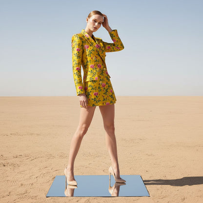 Lux Floral Velvet Blazer Dress - Mustard Yellow Rose Print Mini