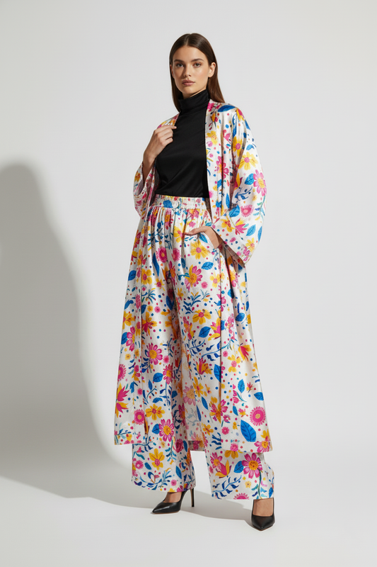 Luxury Floral Silk Charmeuse Kimono & Wide Leg Pant Set