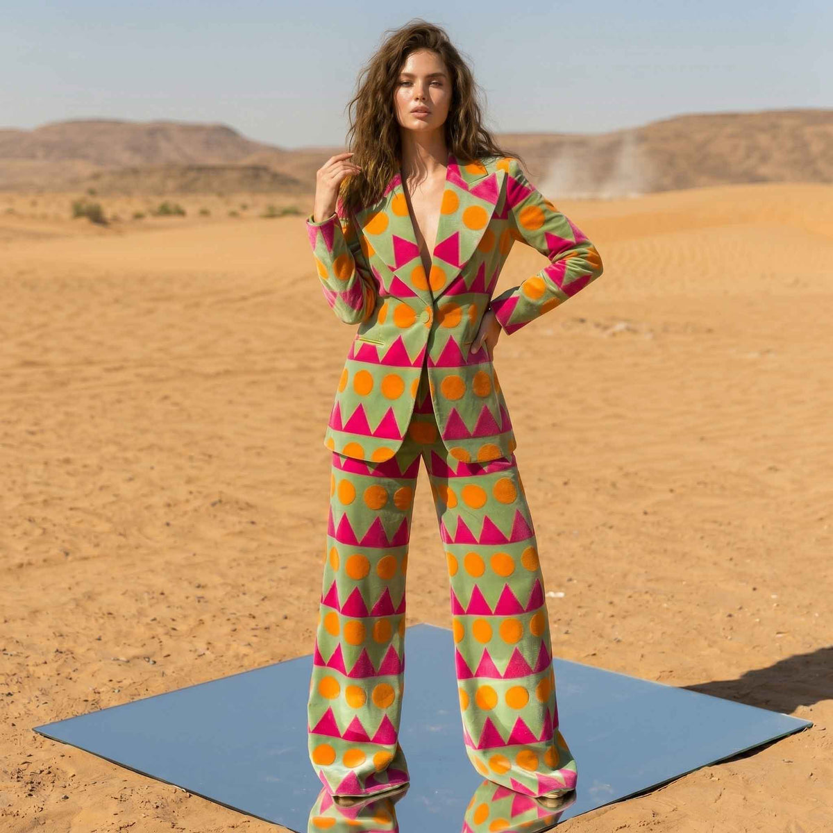 Geometric print velvet blazer and pant power suit, front view - ARTSAY