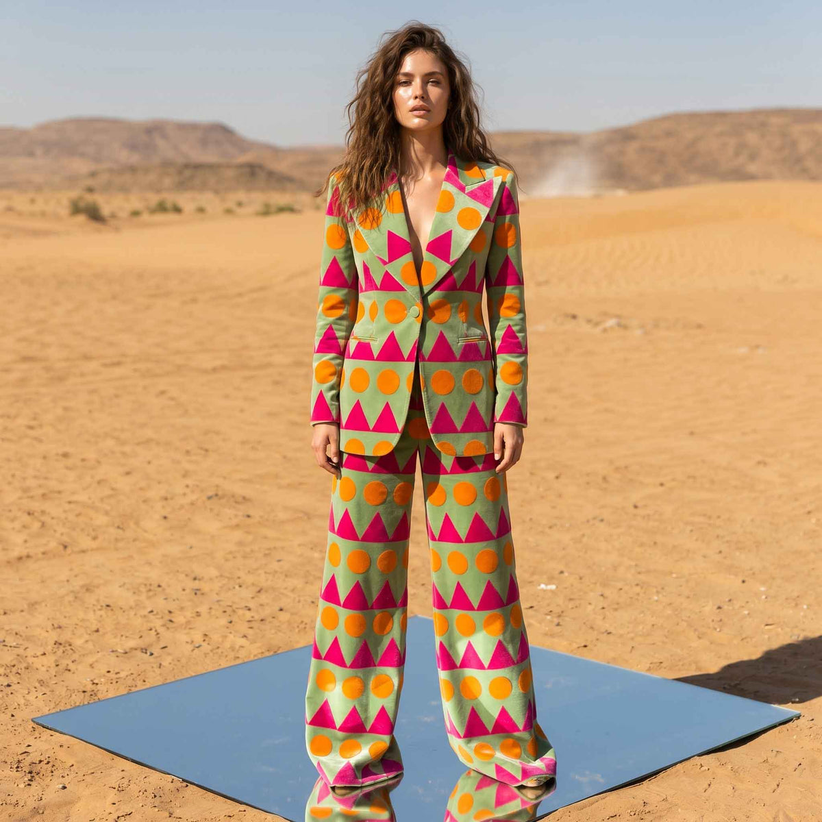 Woman wearing geometric print velvet power suit, styled look - ARTSAY