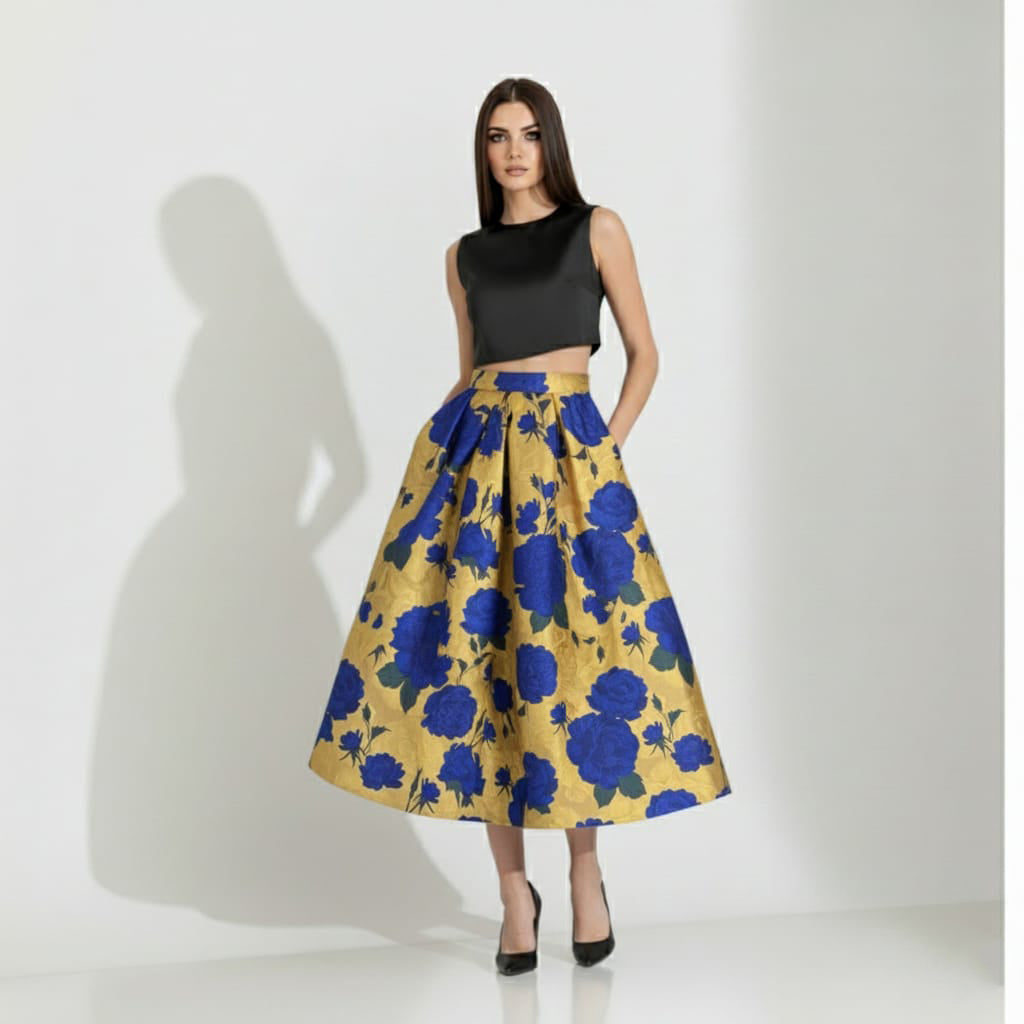 Woman wearing a black top and golden floral skirt on a white background