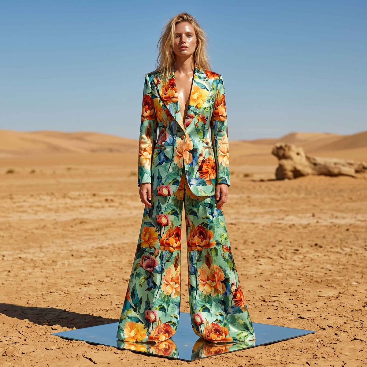 Woman wearing floral print wide-leg power suit, styled look - ARTSAY