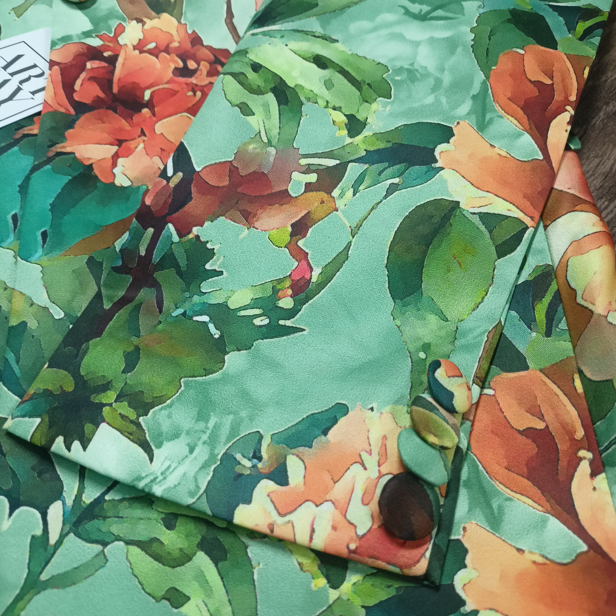 Detail shot of floral print blazer lapel - ARTSAY