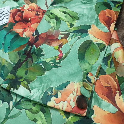 Detail shot of floral print blazer lapel - ARTSAY