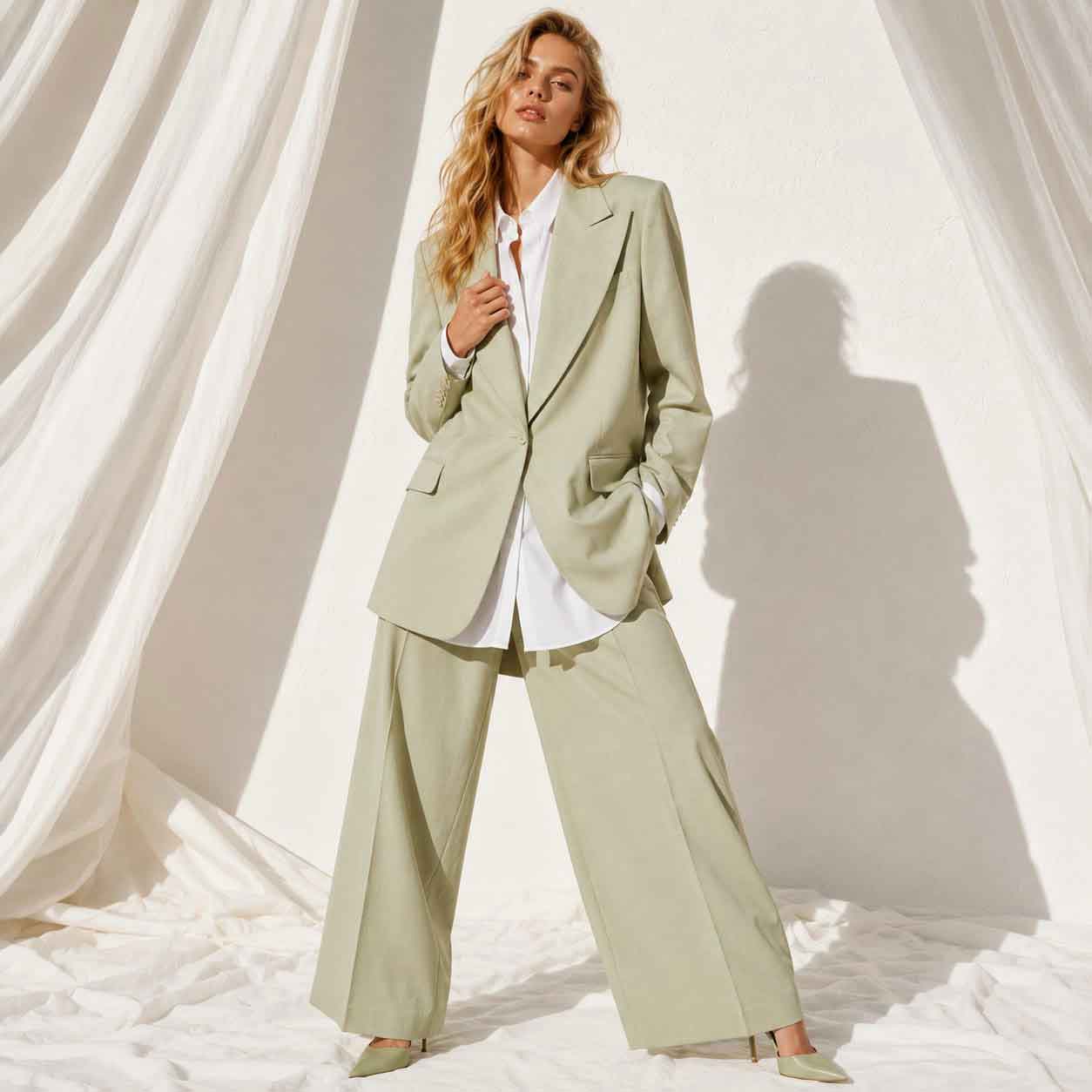 Green linen blend blazer and wide leg pant suit, front view - ARTSAY
