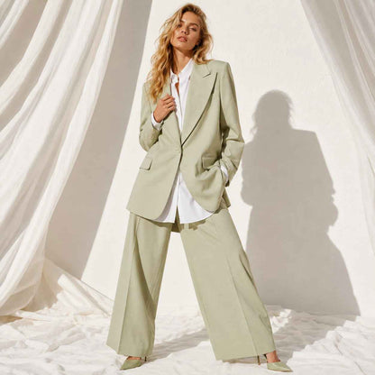Green linen blend blazer and wide leg pant suit, front view - ARTSAY