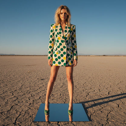 Polka dot velvet blazer dress, front view - ARTSAY