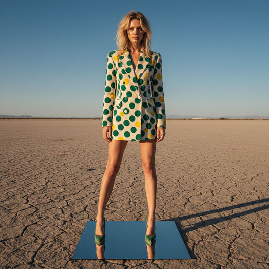 Polka dot velvet blazer dress, front view - ARTSAY
