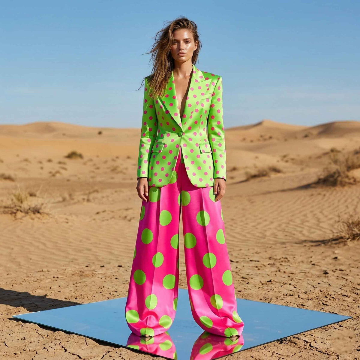 Green and pink polka dot blazer and pant suit, front view - ARTSAY