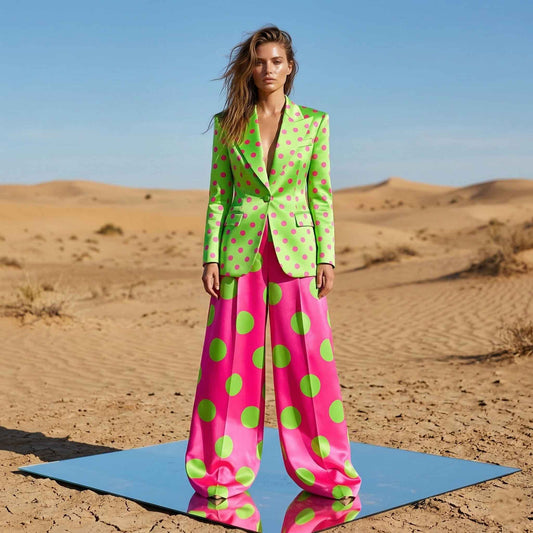 Green and pink polka dot blazer and pant suit, front view - ARTSAY