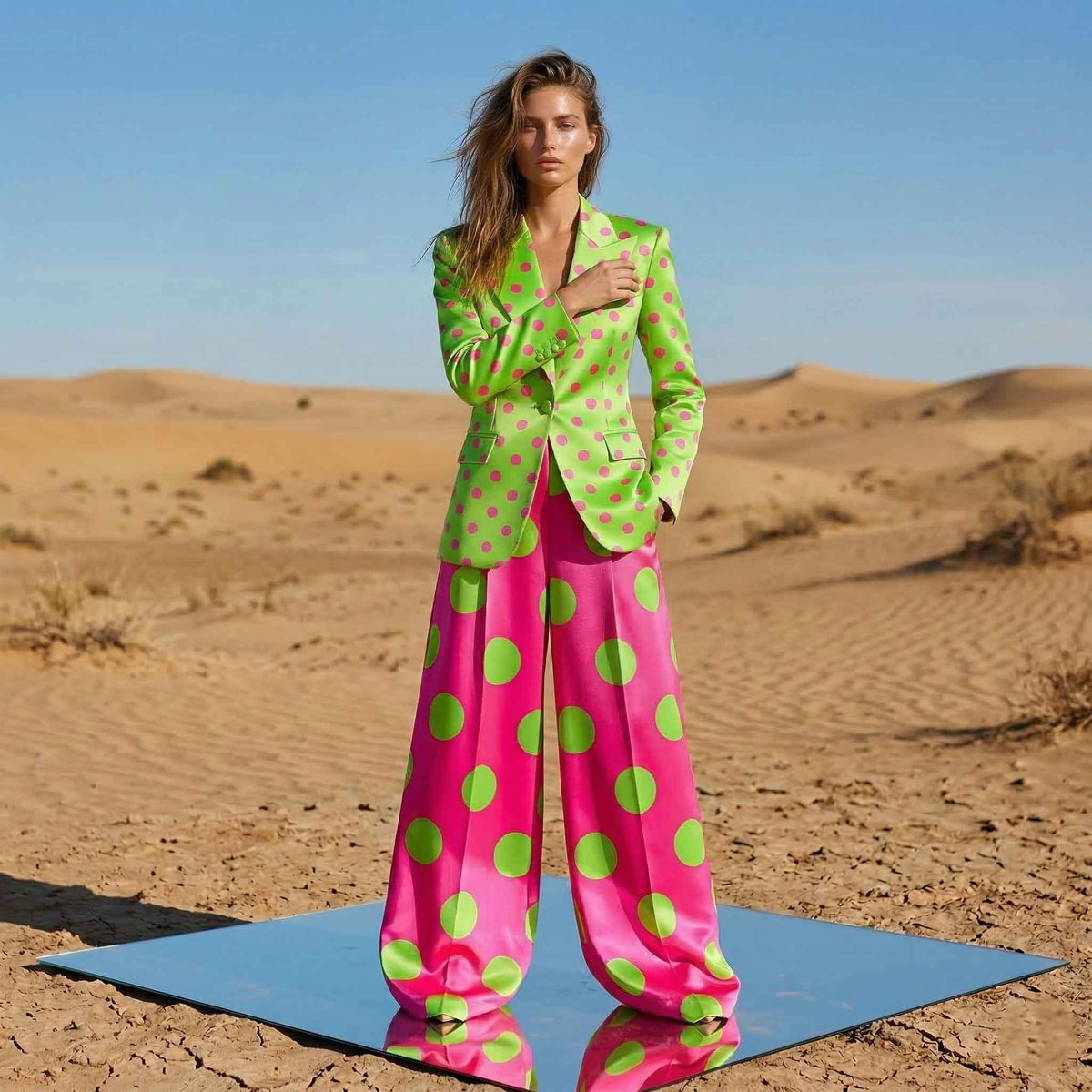 Woman wearing green pink polka dot co-ord set, styled look - ARTSAY