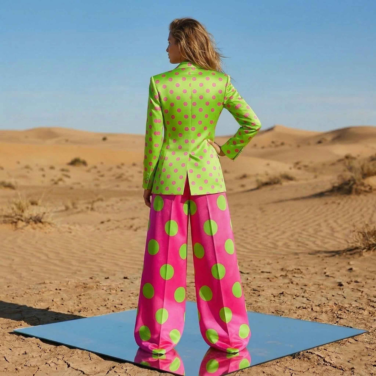 Green and pink polka dot suit, back view - ARTSAY