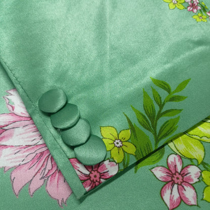 Green floral print pant suit, back view - ARTSAY