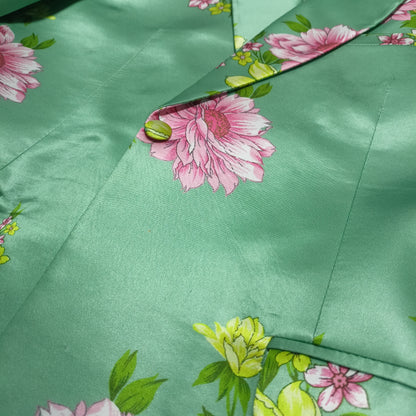 Green floral print pant suit, side view - ARTSAY