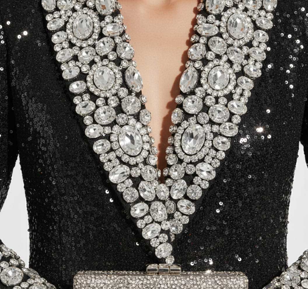 Woman wearing hand-embellished sequin blazer, styled look - ARTSAY