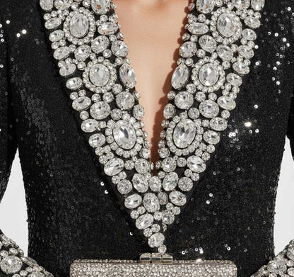 Woman wearing hand-embellished sequin blazer, styled look - ARTSAY