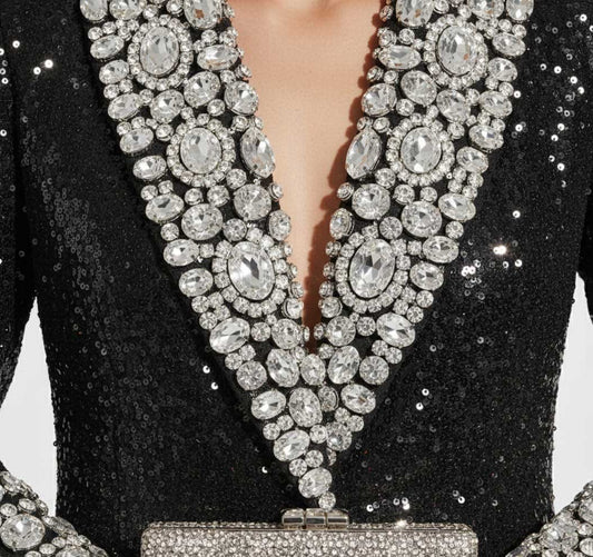 Woman wearing hand-embellished sequin blazer, styled look - ARTSAY