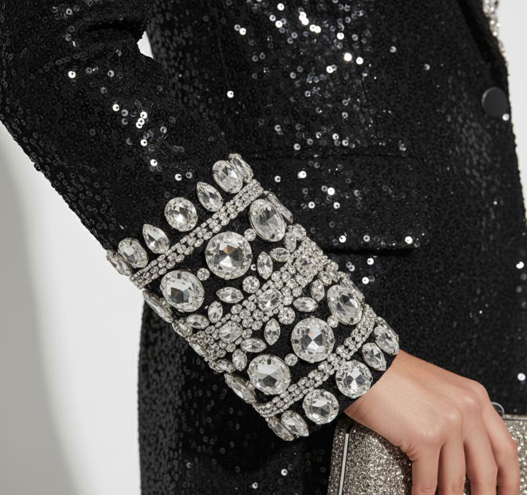 Close-up of hand-embellished sequin detail on blazer - ARTSAY