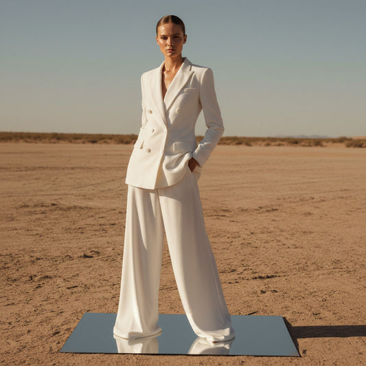 Ivory velvet double-breasted blazer and pant suit, front view - ARTSAY