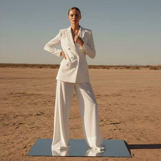 Woman wearing ivory velvet power suit, styled look - ARTSAY