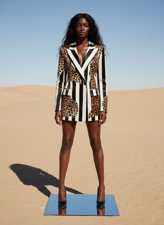 Woman wearing leopard applique velvet blazer, styled look - ARTSAY