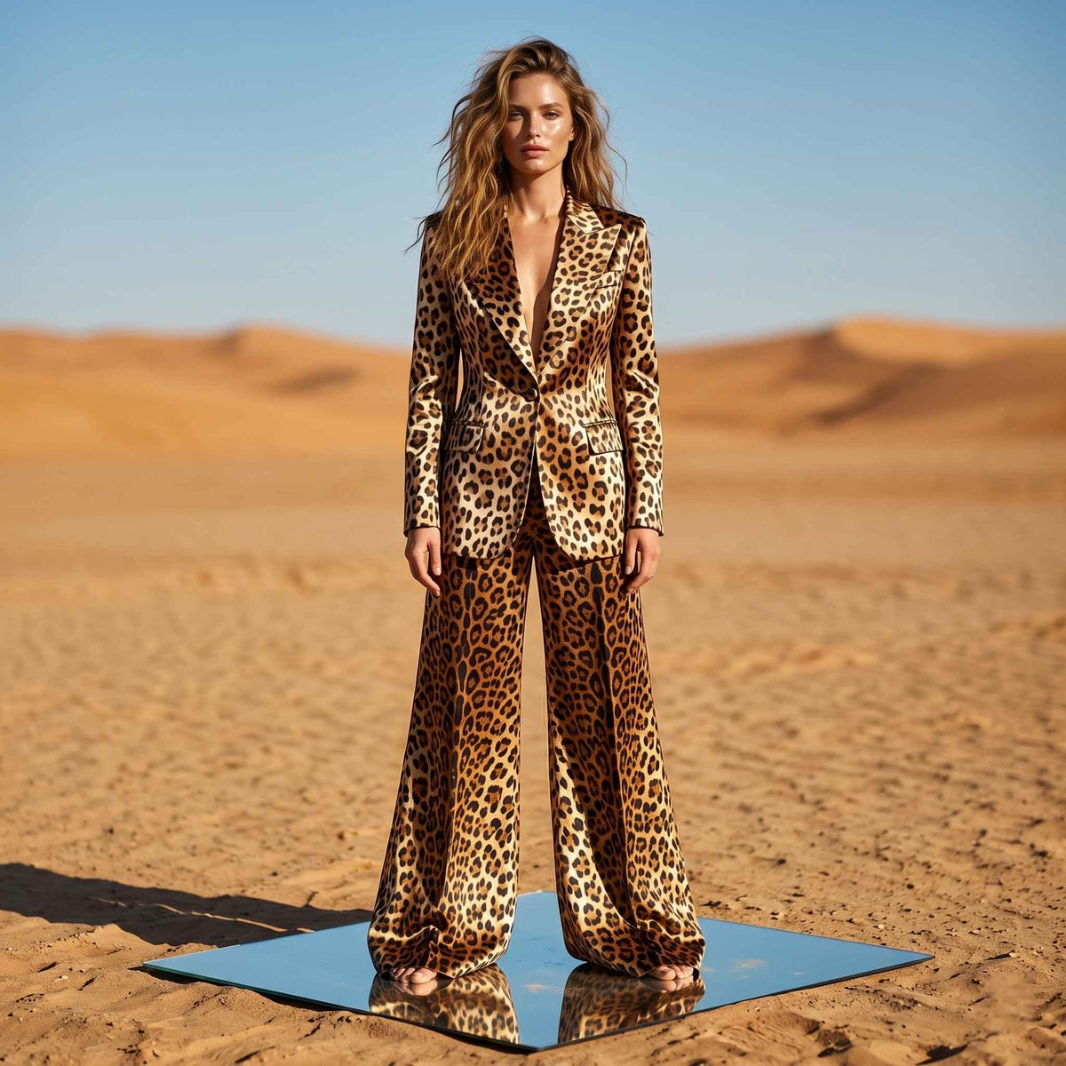 Woman wearing leopard print blazer palazzo set, styled look - ARTSAY