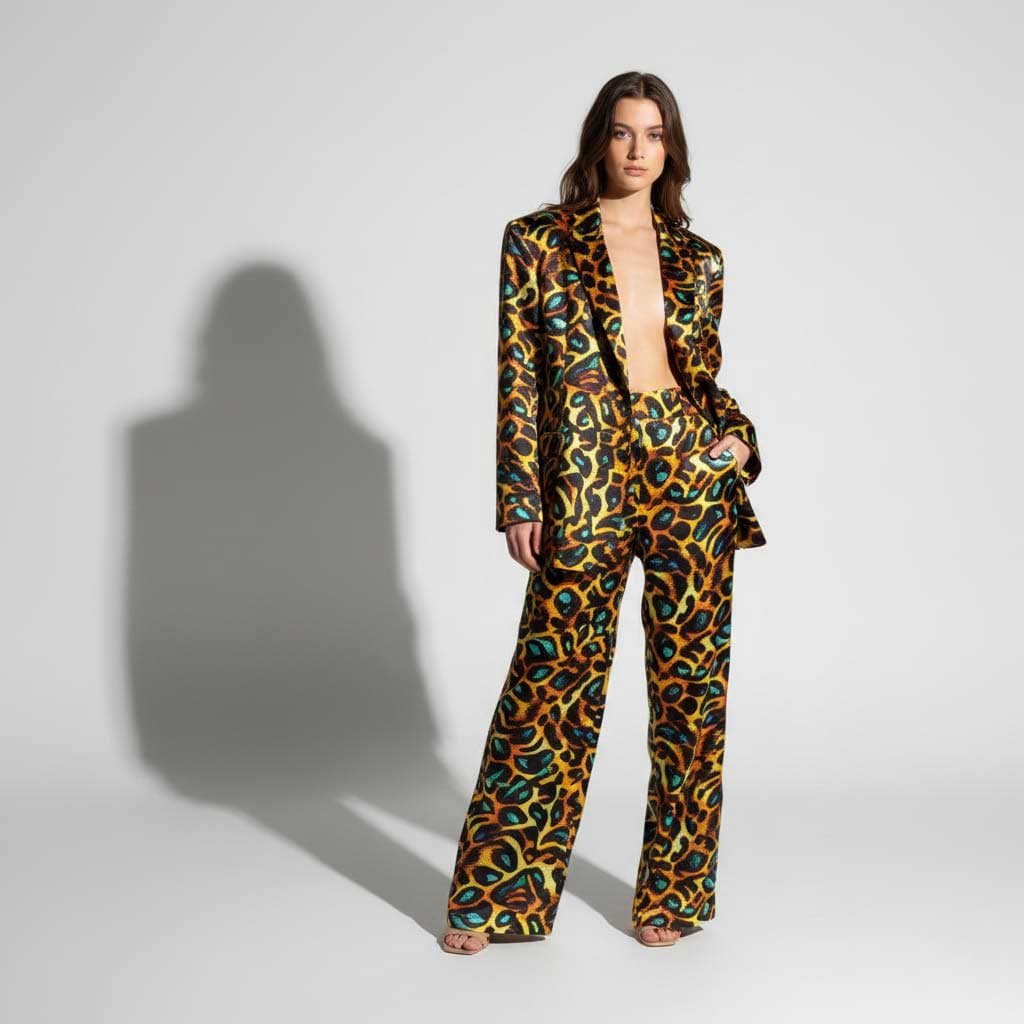 Leopard print blazer and pant suit, front view - ARTSAY