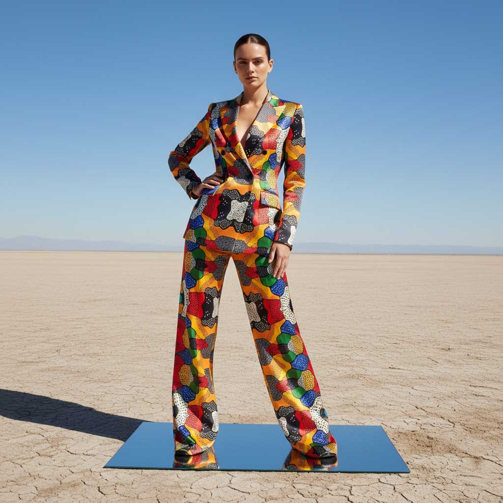 Multi-color abstract print blazer and pant suit, front view - ARTSAY