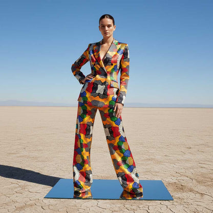 Multi-color abstract print blazer and pant suit, front view - ARTSAY