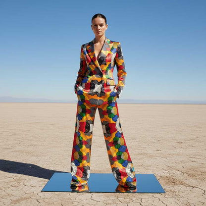 Woman wearing multi-color abstract print pant suit, styled look - ARTSAY