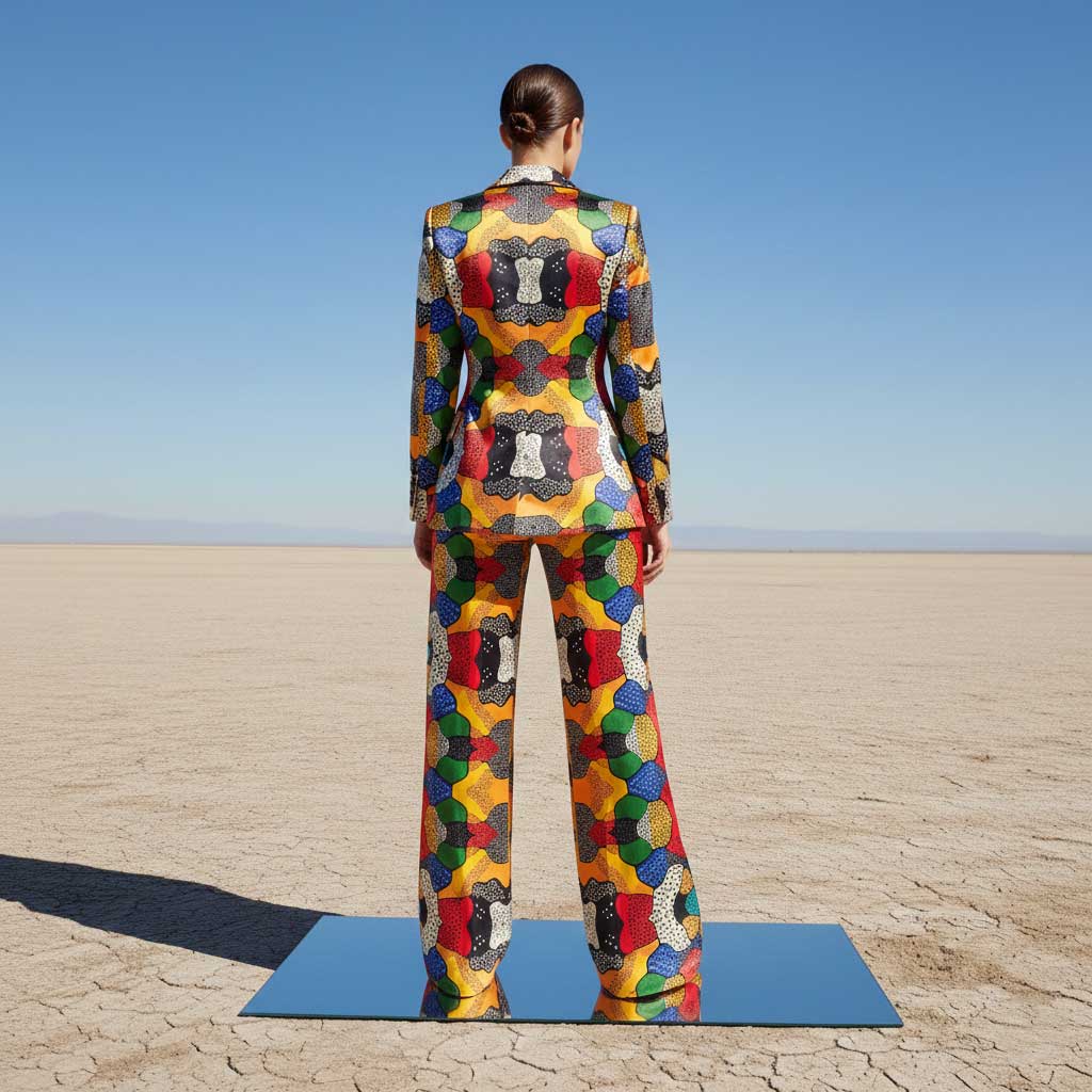 Multi-color abstract print pant suit, back view - ARTSAY